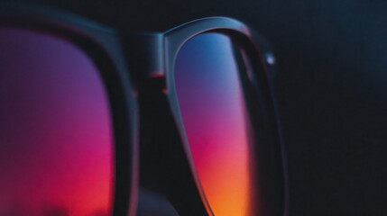Close up of dark framed protective eyewear showing colorful lens reflections