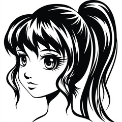 Animated girl gazes pensively with her beautiful big eyes and high ponytail hairstyle