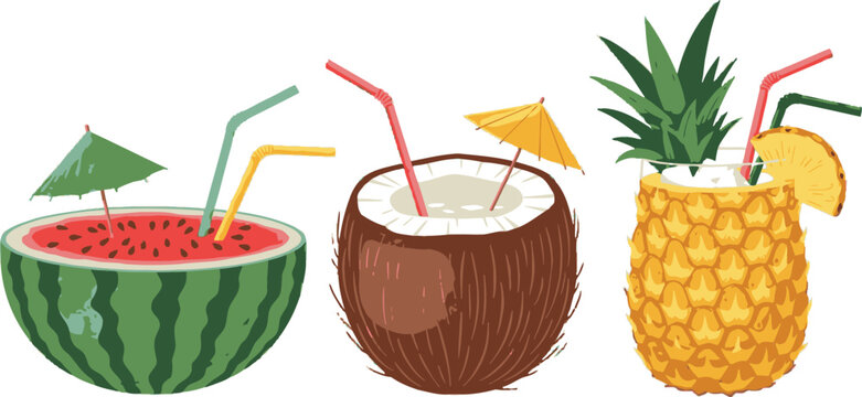 Tropical fruit drinks summer vacation coconut pineapple watermelon refreshing cocktails straws umbrellas