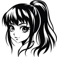 Anime girl with long hair tied up looks peacefully in a black and white style