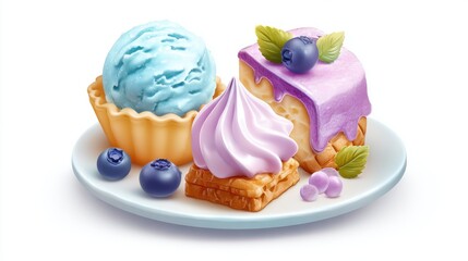 A delightful selection of desserts is arranged on a white plate, showcasing blue ice cream, vibrant purple cake topped with blueberries, and fluffy pastel-colored meringue.