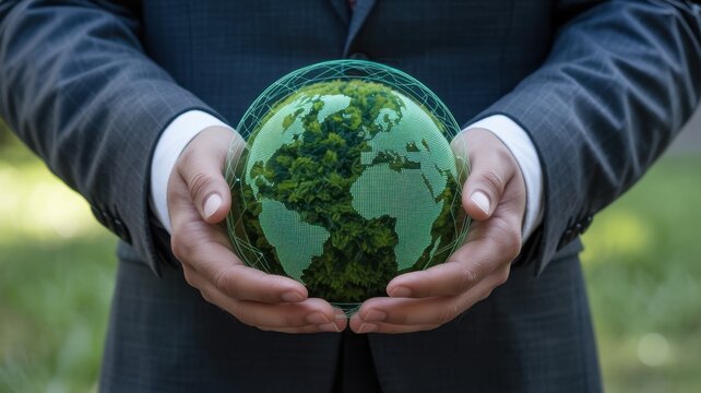 Businessman holding a glowing green earth globe, symbolizing environmental protection, sustainability, and global business responsibility