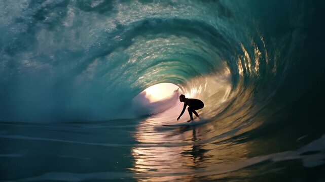Dynamic surfer riding giant ocean wave at sunrise, incredible barrel ride action