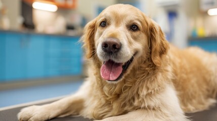 A golden retriever relaxes on an examination table in a veterinary clinic while a friendly staff member approaches. The atmosphere is calm and welcoming, making the dog feel comfortable.