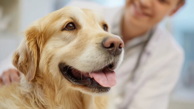 A golden retriever sits calmly as a veterinarian gently examines it in a bright, modern clinic. The dog's expression shows trust and comfort during the visit.
