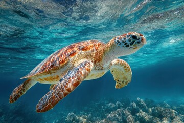 Fototapeta premium Turtle swimming gracefully in crystal clear water above vibrant coral reef, showcasing vivid orange and brown shell, illuminated by sunlight creating serene reflections and tranquil atmosphere