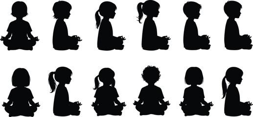 Silhouette children meditating in yoga poses, peaceful kids practicing mindfulness, calm seated positions, relaxation, wellness, meditation, mental health, quiet activity
