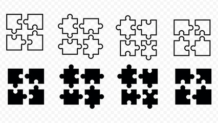 Four Puzzle Pieces Icons In Outline And Solid Black Styles With Transparent Background jigsaw