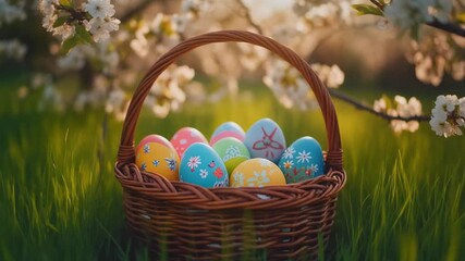 A beautifully decorated wicker basket filled with colorful patterned eggs nestled in lush green grass beneath blossoming spring trees, capturing the essence of a joyful outdoor holiday celebration