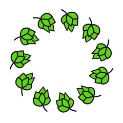 Cute round frame with doodle green hops isolated on white background.