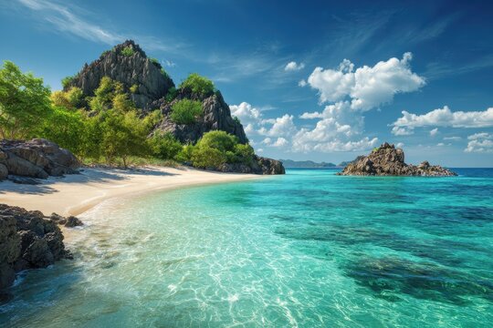 Tropical coastal paradise with sandy beach, turquoise water, rocky cliffs, and lush greenery under a clear sky, offering a relaxing and picturesque getaway for vacation and travel enthusiasts