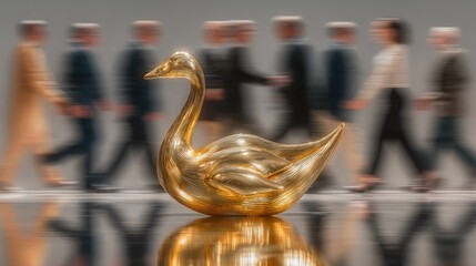 Golden Swan Sculpture in Modern Gallery with Blurred Walking Crowd