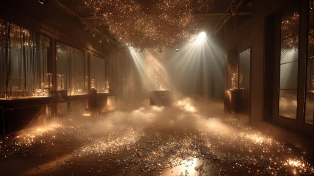 An opulent venue features warm lighting and a shimmering ambiance. The floor is covered with decorative elements, creating a stunning atmosphere for special occasions and celebrations.
