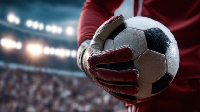 A goalkeeper stands poised, gripping a black and white soccer ball tightly as he scans the field in a packed stadium. The atmosphere is electric with excitement as fans cheer.