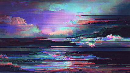 Vibrant glitch art landscape with pixel-sorted clouds and abstract forms. Vivid purples, blues, and pinks create a surreal, retro-futuristic digital scene.