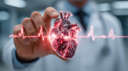 Doctor Holding Digital Heart with Glowing ECG Line in Futuristic Medical Concept