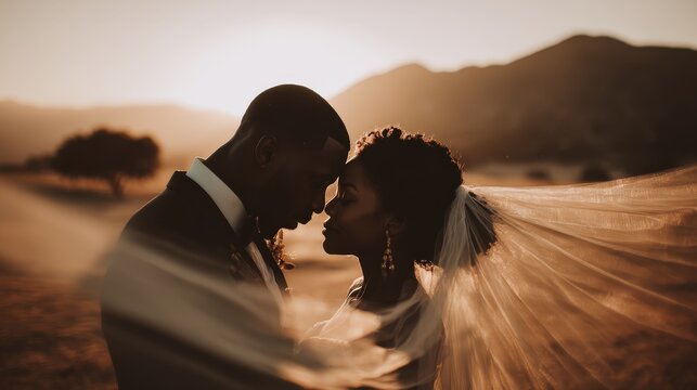 Newly married couple shares an intimate moment silhouetted against a dramatic sunset landscape