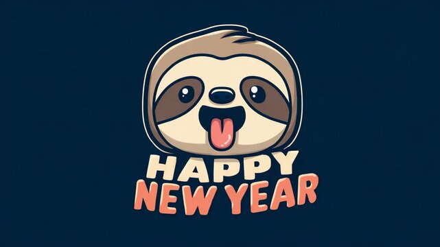 Cute sloth cartoon character wishing happy new year vector illustration for holiday greeting card isolated on dark background