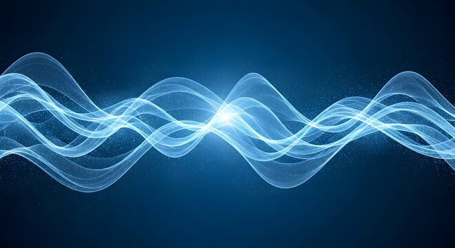 Abstract blue light waveforms with central bright point on dark background