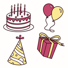 Colorful Birthday Party Icons with Cake Balloons Gift Box and Hat Keywords: birthday, celebration