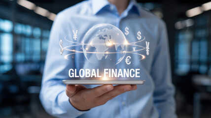 Businessman holding a tablet displaying a holographic globe with currency symbols and the text global finance representing international business and investment