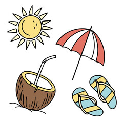 Summer Beach Icons Including Sun Coconut Drink Umbrella and Flip Flops Keywords: summer, beach, sun