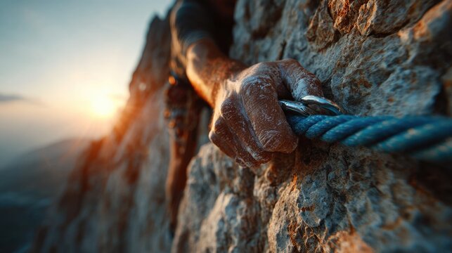 Rock Climber Gripping Safety Rope on Steep Cliff at Sunset