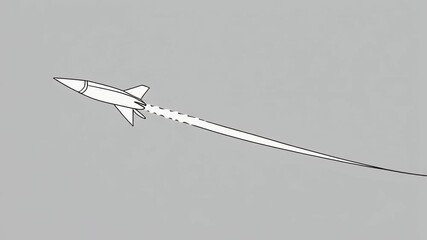 A minimalist illustration of a white rocket ship soaring through the sky, leaving a trailing smoke plume against a solid grey background