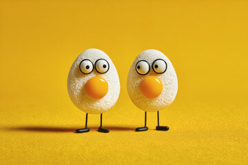 Two Fried Eggs with Cute Faces – Funny Food Characters on Yellow Background