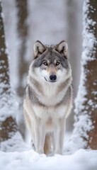 Obraz premium Majestic wolf portrait captures winter’s serene beauty intense gaze amidst snowy trees