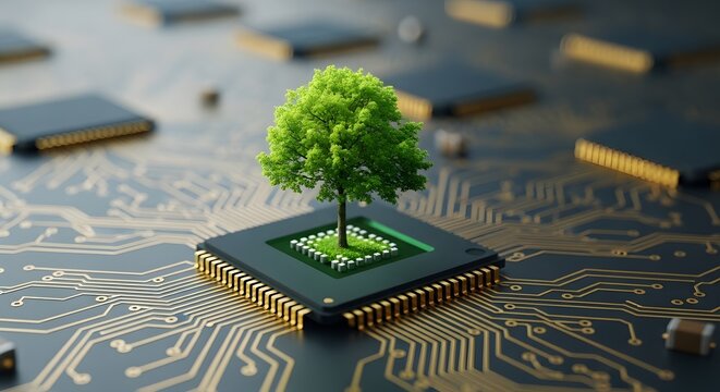 Green technology concept tree growing from computer chip on circuit board