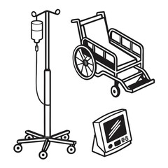 Isometric Icons of Medical Equipment: IV Drip, Wheelchair, Monitor IV drip intravenous