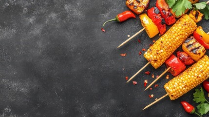 Grilled Delights: A culinary tableau showcases delectable grilled skewers and corn, each element meticulously arranged on a dark, textured surface, inviting a feast for the eyes and the palate.