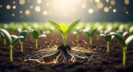Emerging seedling with glowing roots symbolizing growth and connection
