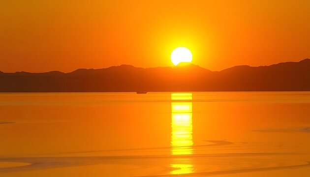 A breathtaking sunset over the sea with mountains in the background