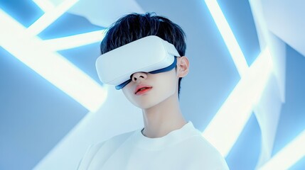 Embracing Virtual Worlds: A youthful individual immersed in a futuristic experience, wearing a sleek VR headset as neon light dances around him.