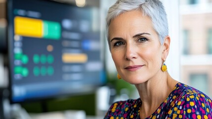 Confident Businesswoman: A portrait of an elegant woman with silver hair exudes confidence as she engages directly with the viewer, embodying professional success and wisdom. 
