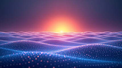 glowing digital wave landscape with purple blue grid and sunrise light source