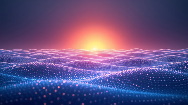 glowing digital wave landscape with purple blue grid and sunrise light source