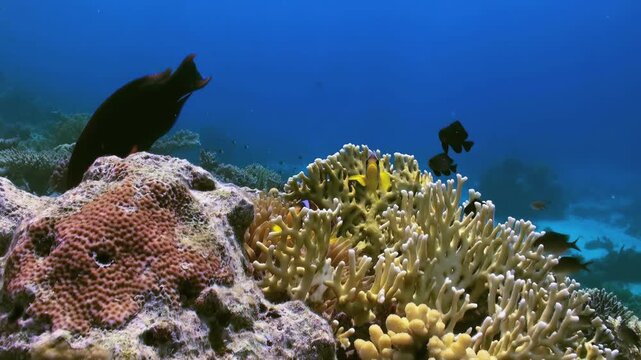 Diverse aquatic creatures inhabit vibrant coral formations off coast of Queensland. Bright orange Clownfish mingle among coral, while other fish swim past in clear blue ocean near Great Barrier Reef.
