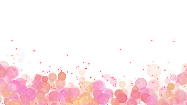 Pink bubbles and red and pink confetti on transparent background. Floating along the bottom edge. Space for text. For greeting cards, party invitations, baby shower decorations, wedding stationery.