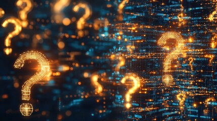 The Enigmatic Network: Glowing question marks float against a futuristic backdrop of interwoven lines and data streams, inviting viewers to ponder questions of knowledge and curiosity.