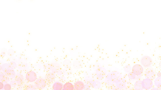 Pink bubbles and golden confetti on transparent background. Floating along the bottom edge. Space for text. For greeting cards, party invitations, baby shower decorations, wedding stationery. PNG.