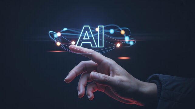 Human hand touching glowing ai text connected to a digital cloud network, symbolizing artificial intelligence technology