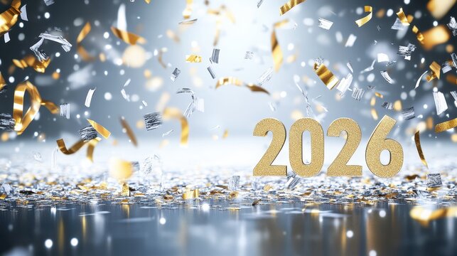 2026 Celebration: Golden numbers of the year 2026 shine, illuminated by glittering confetti showers, embodying the vibrant energy and anticipation of a New Year's festivity. 
