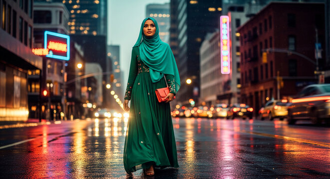 young woman wearing hijab walking in the city