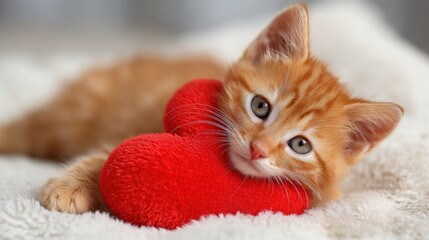 An orange kitten plays with a soft red heart-shaped toy while resting on a fluffy white blanket in a cozy indoor setting. The sunlight enhances its playful demeanor.