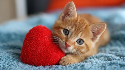 An adorable orange kitten lies contentedly on a soft blue blanket, resting its head on a plush red heart toy. The playful atmosphere captures a moment of warmth and affection.