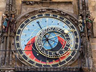Prague, czech republic, august 9, 2023. Prague astronomical clock displaying time, zodiac signs, and astronomical positions, a historic landmark in old town square