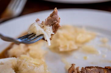 Prague, czech republic, august 9, 2023. Fork with tender roasted pork, tangy white cabbage sauerkraut and fluffy dumplings — czech comfort meal close-up